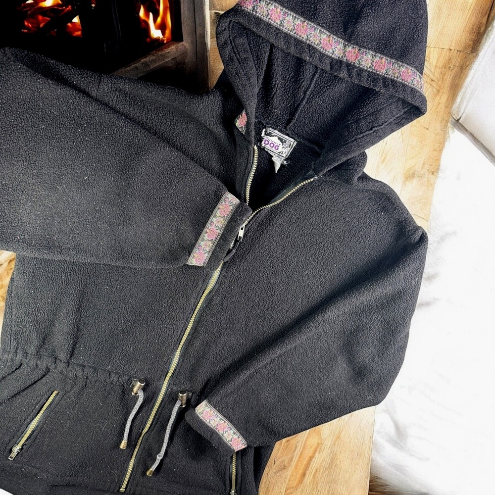 Vintage Summit‎ Dog Fleece Jacket Women XL Full Zip Hoodie Floral Trim Black